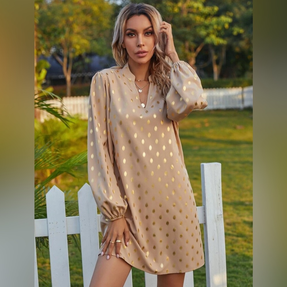 Beige Notched Neck Gold Polka Dot Long Sleeve Dress - Size Large
